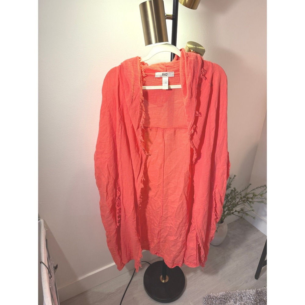 RIQ raw edge coral Italian linen duster coverup bright summery soft hooded EUC